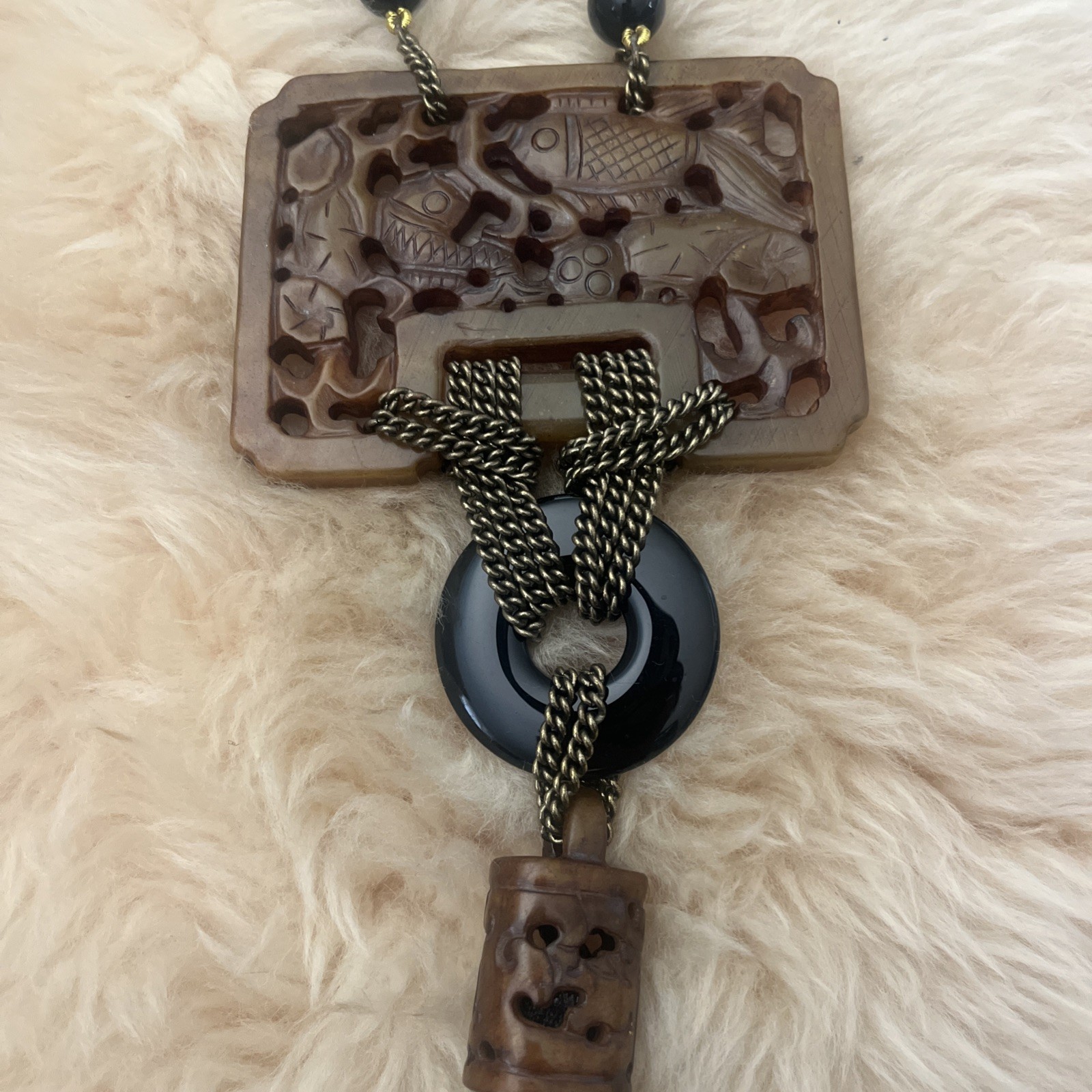 Heidi Daus Asian Design Chinoiserie Necklace Onyx Beads Carved Pendant Tassel