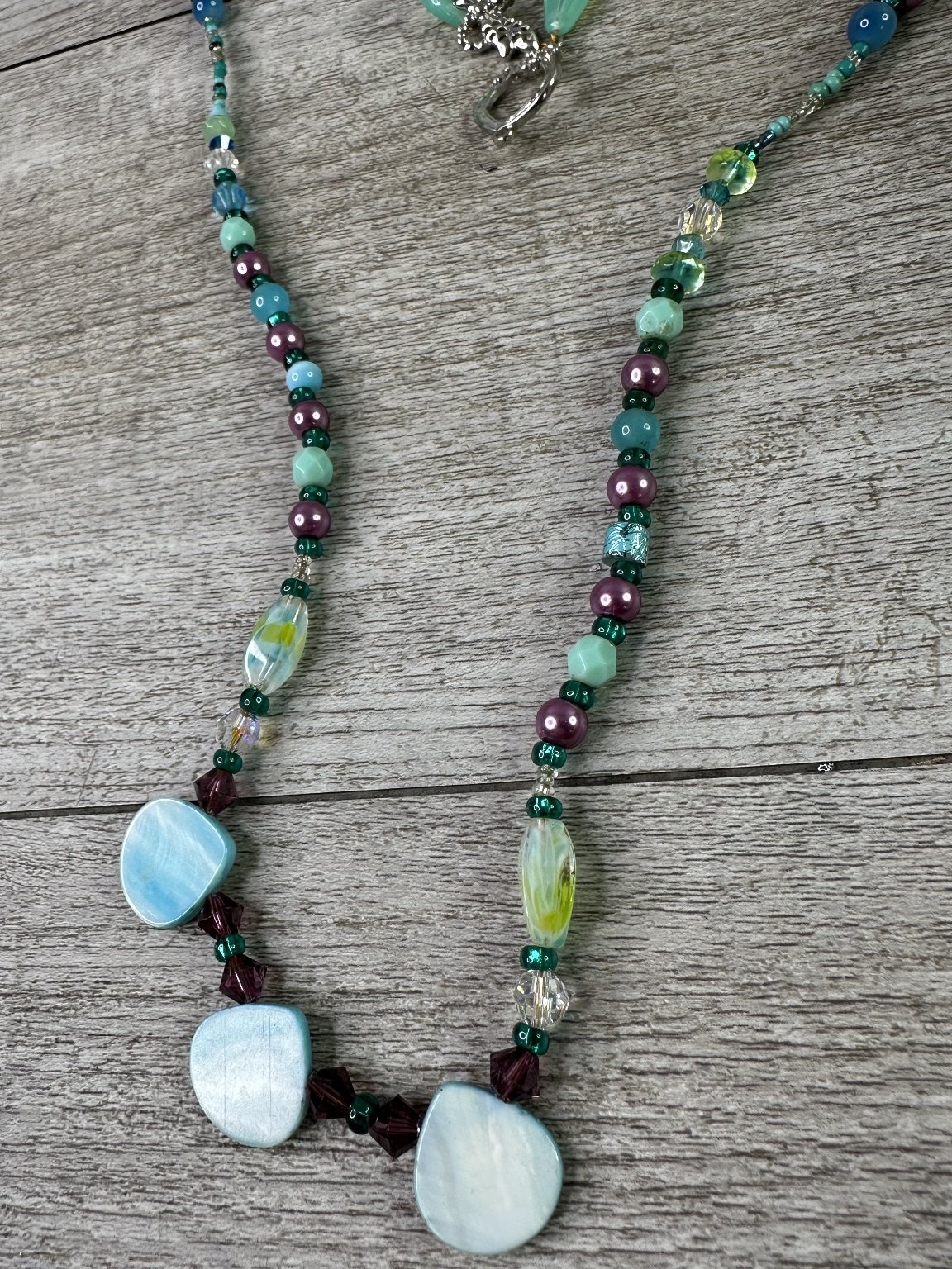 Artisan Beaded Necklace Teal Blue Purple Glass Stone Dragonfly Clasp