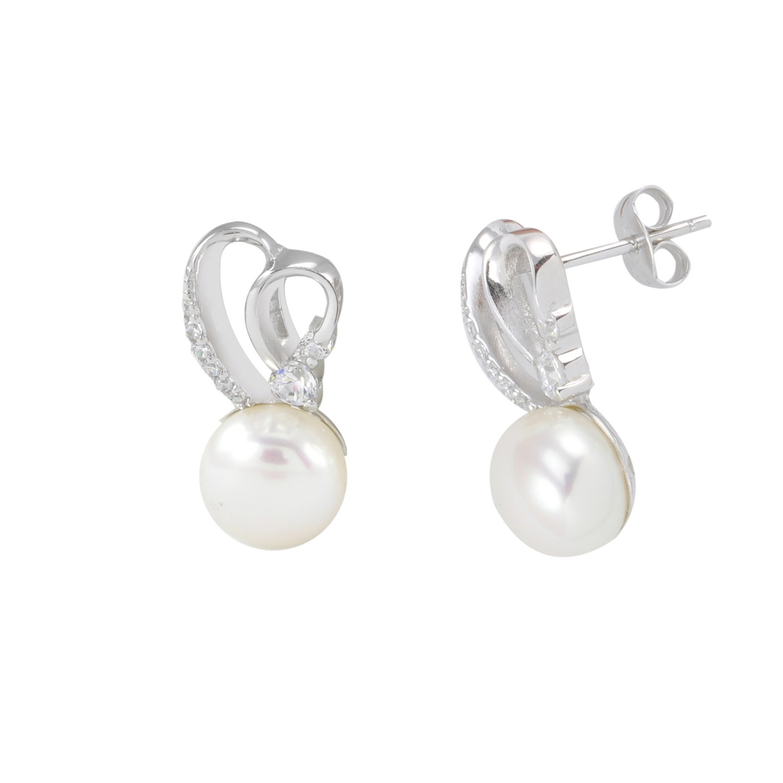 Sterling Silver White Freshwater Pearl Stud Earrings Abstract CZ Heart Design