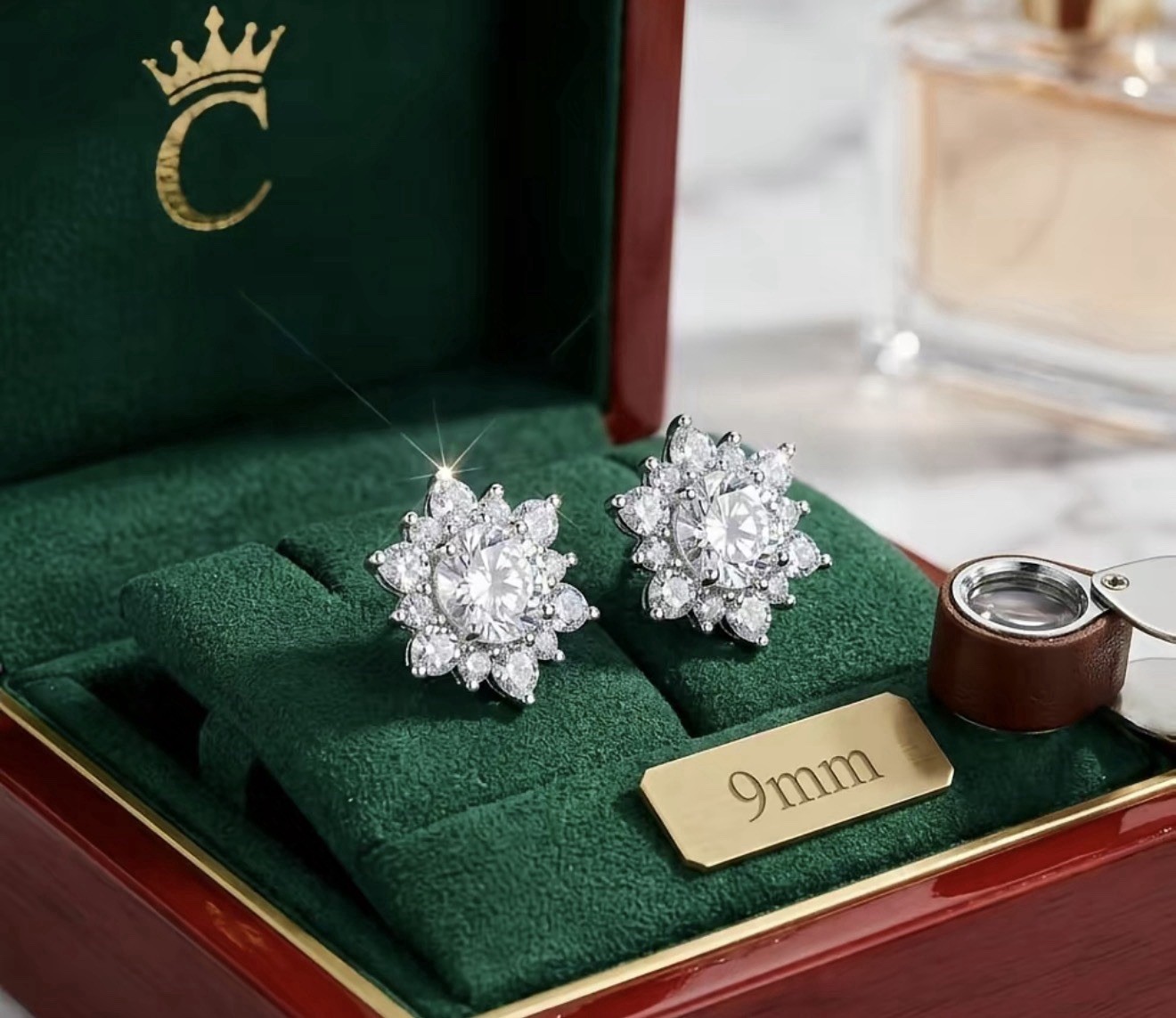 Silver Tone Crystal Cluster Flower Stud Earrings 9mm