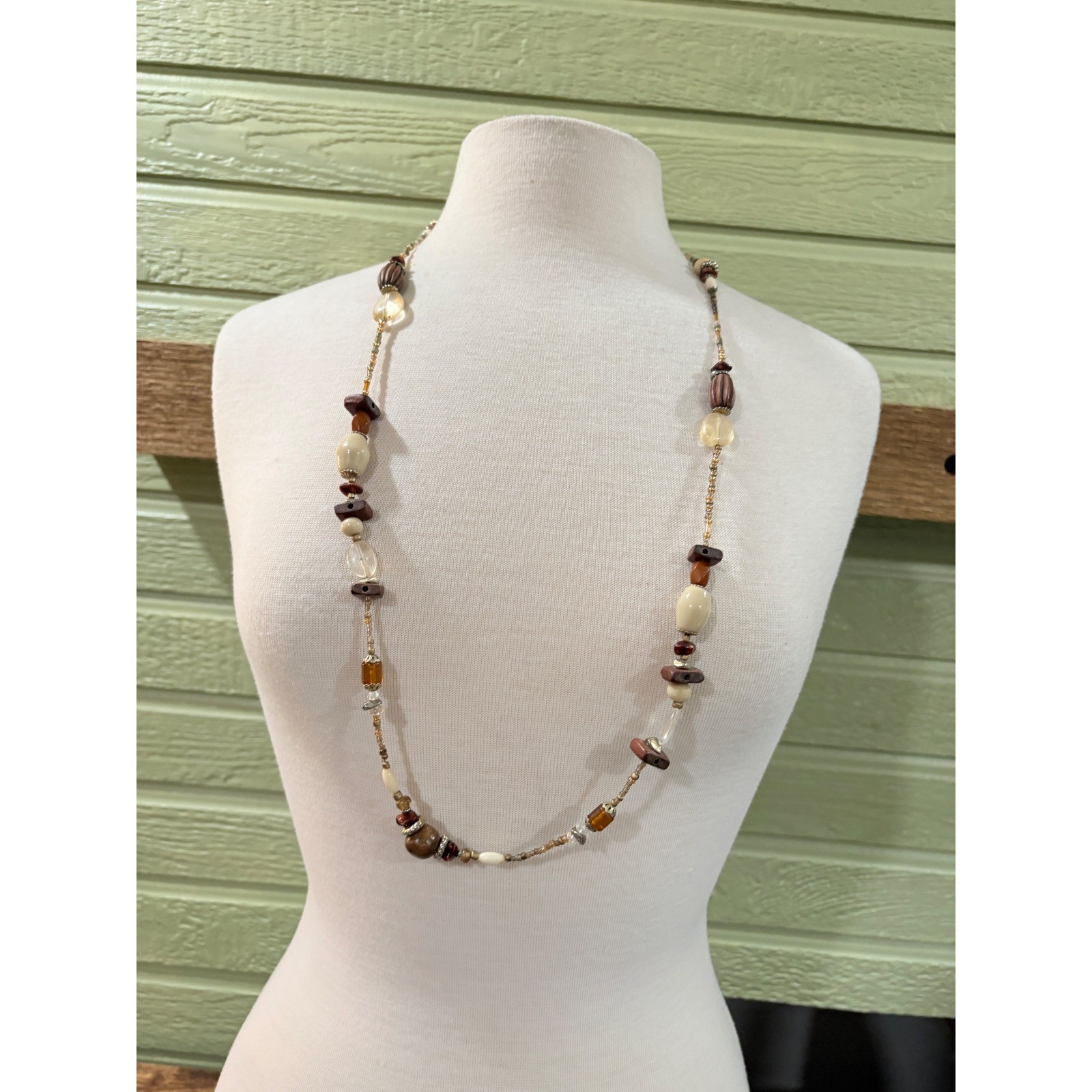 Bohemian Long Beaded Necklace Brown Cream Earthy Tones Mixed Media 36 Inch