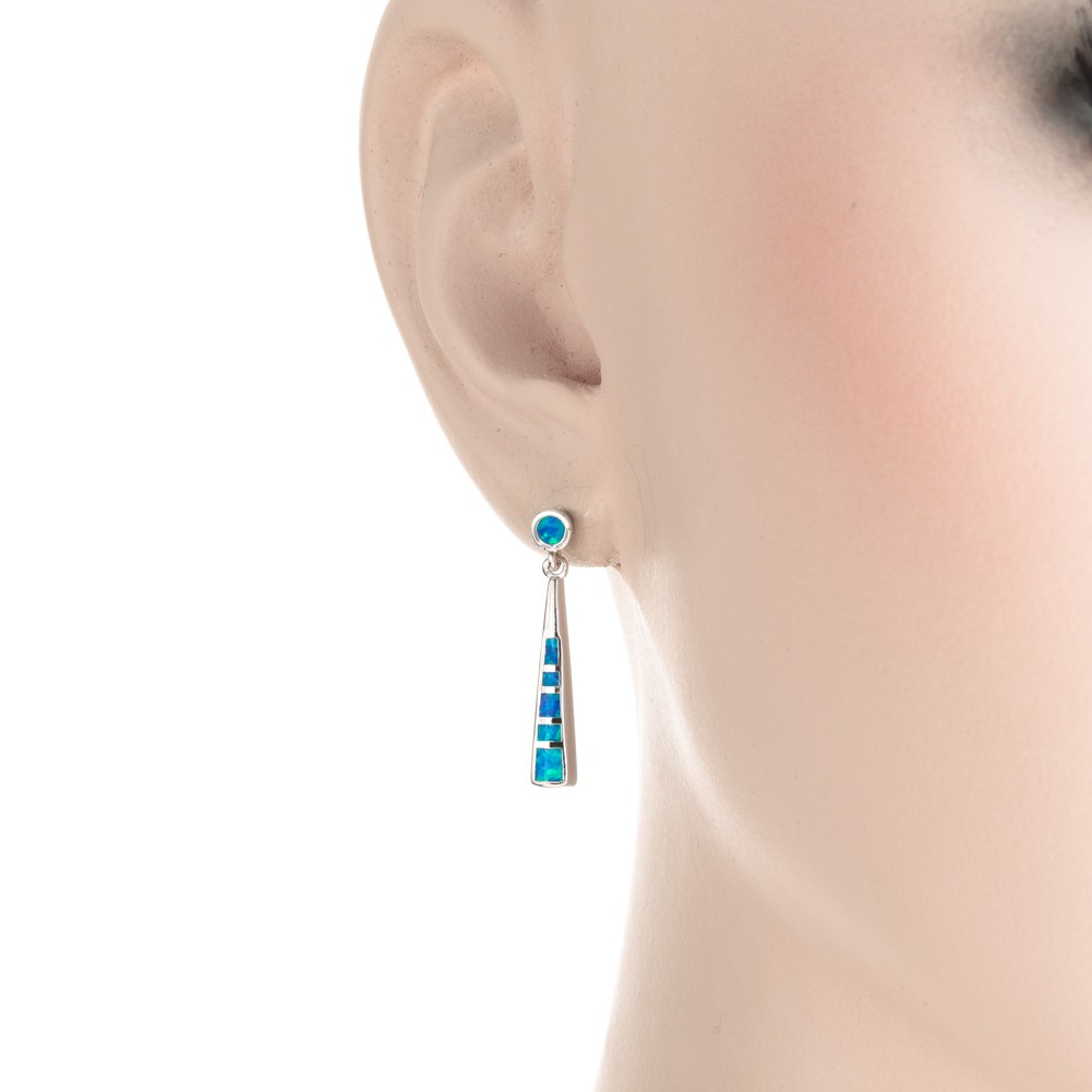 Stick Shape Ocean Blue Fire Opal Silver Jewelry Drop Pierced Earrings