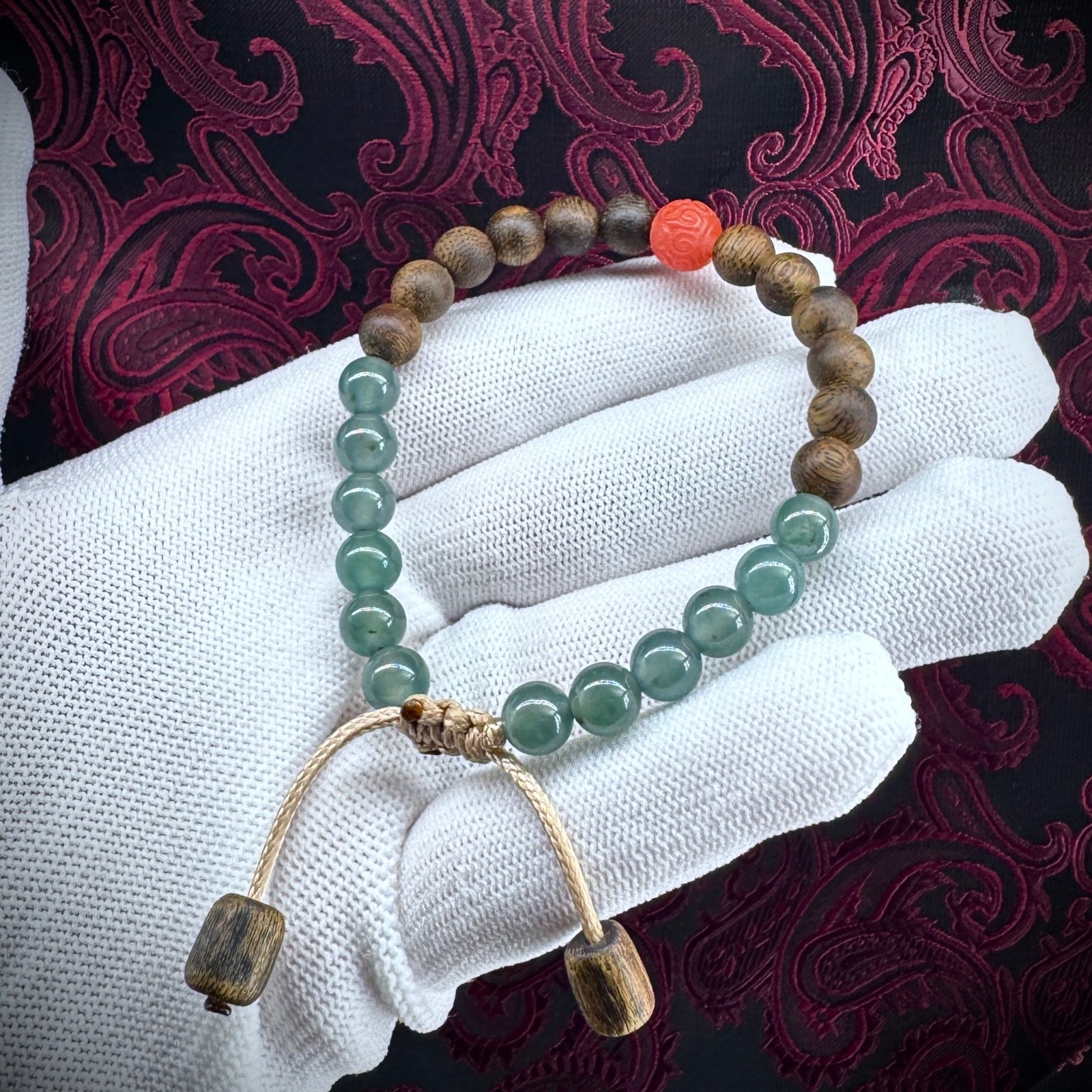 Aromatic Bracelet w Blue Guatemalan Jade Agarwood Nanhong South Red Agate 26M005