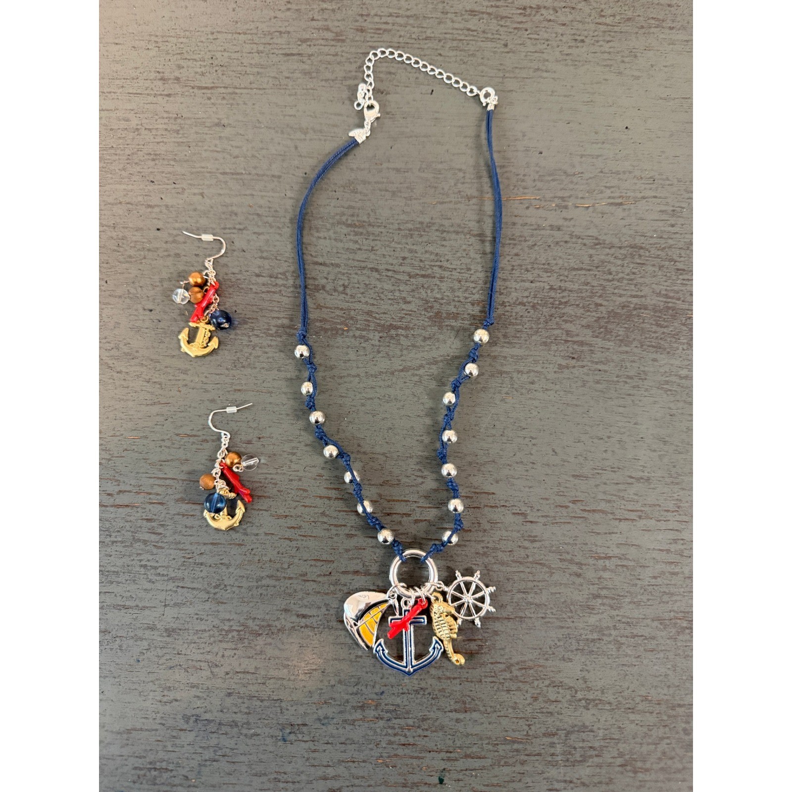 CVS Nautical Charm Necklace and Earring Set Blue Anchor Sailboat Seahorse