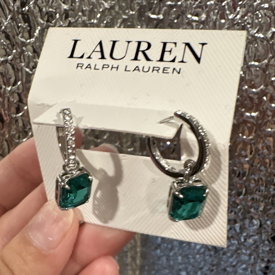 Lauren Ralph Lauren Silver Hoop Dangle Earrings Green Rectangle Crystal Snap