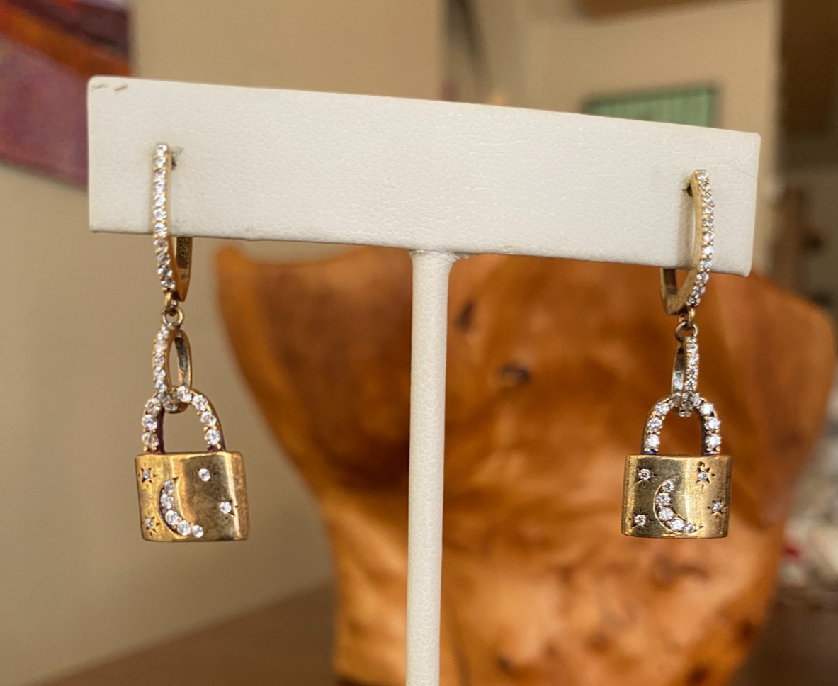 Celestial Lock Earrings Gold Vermeil CZ Moon & Stars English Lock Pierced