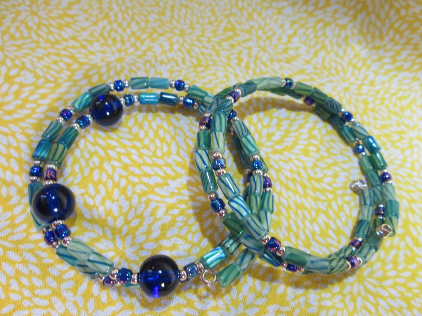 Handmade Glass Bead Memory Wire Wrap Bracelets / Lot of 2 / Green-Blue Duo