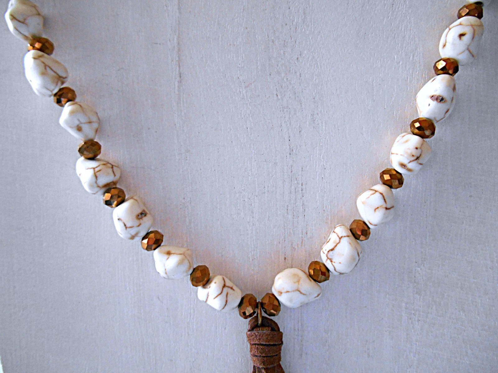 Bronzetone & Brown / Beige Beaded Tassel Necklace