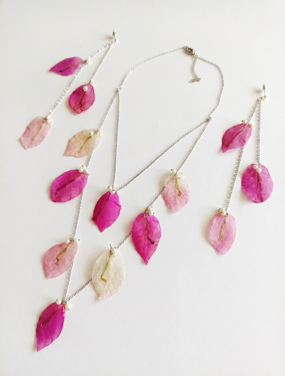 Real Bougainvillea Pink Leaf Necklace Earrings Set Handmade Resin Jewelry Gift