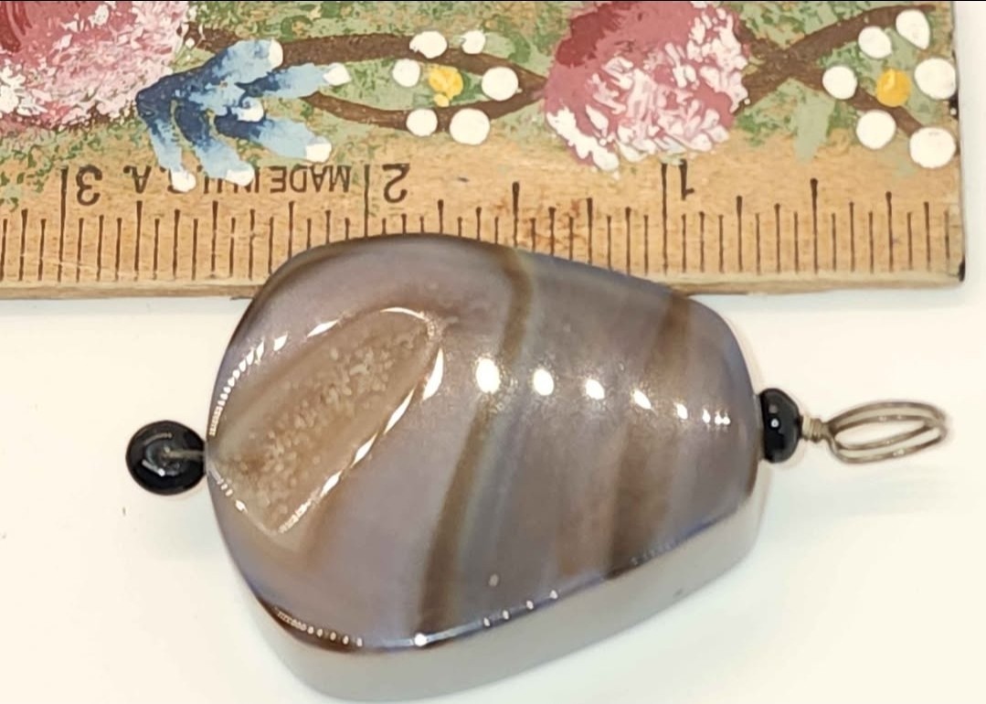 Banded Brown Gray Agate Stone Pendant Charm w/ Silver Metal Bail Loop