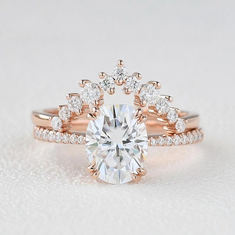 2 CT Oval Rose Gold Plated 925 Silver Wedding Engagement Ring Set for Woman