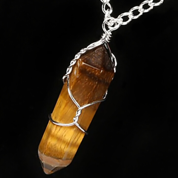 Wire Wrapped Tiger Eye Point Pendant Chakra Crystal Pendant Silver Wrap Necklace