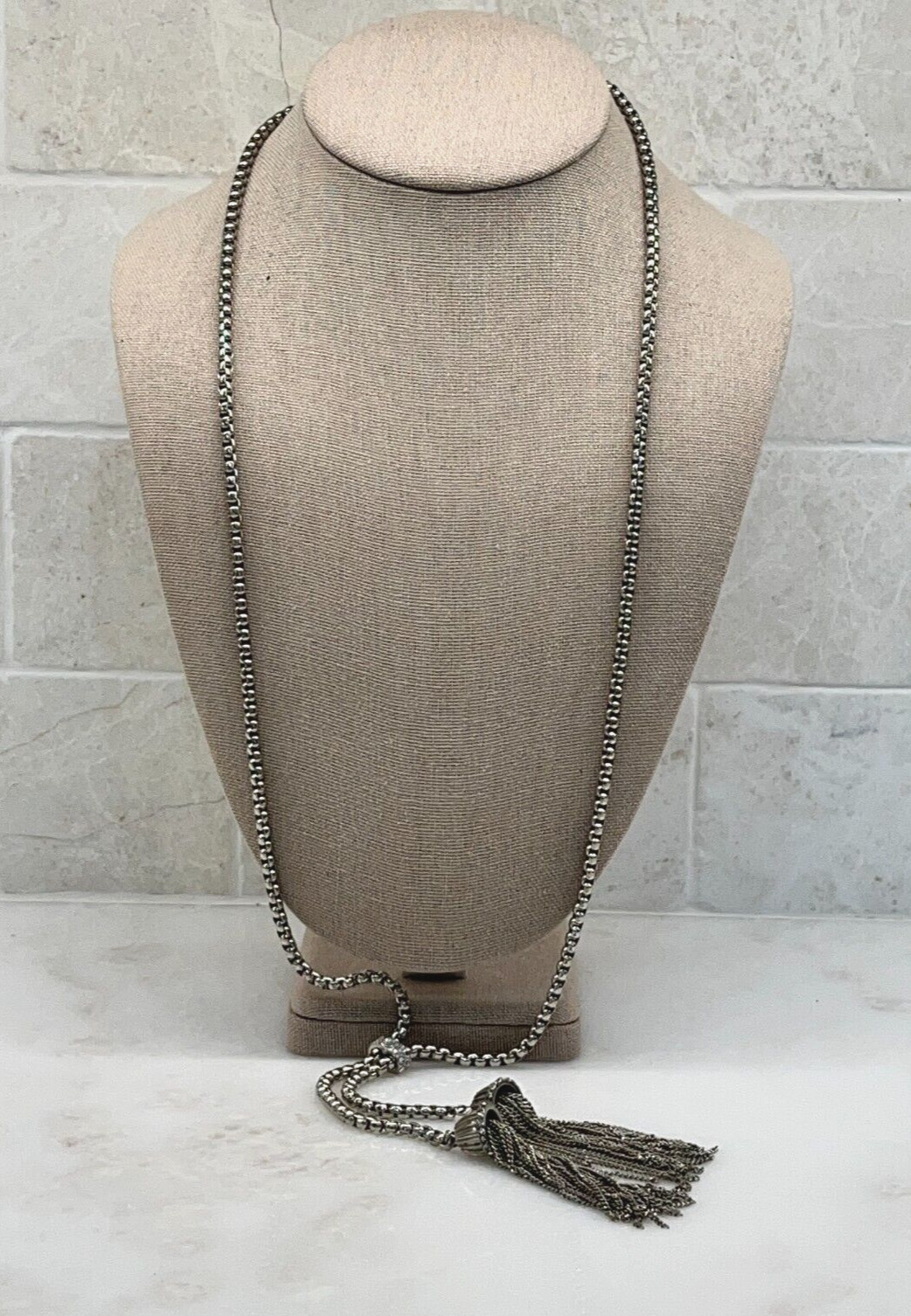 Silver Tone Tassle 19″ Necklace with Rhinestones
