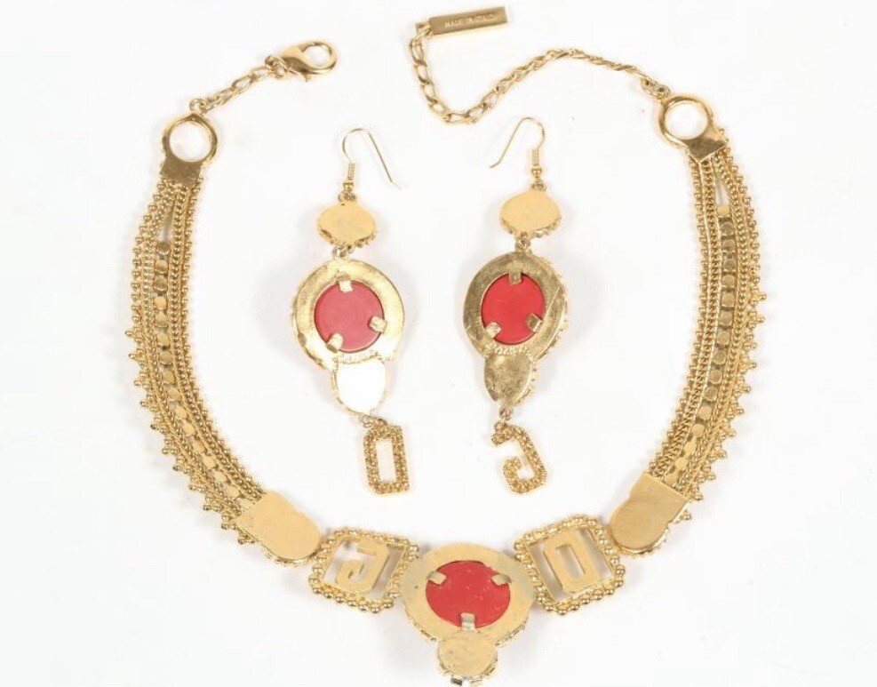 Dolce & Gabbana Necklace With Resin Coral Rhinestones Matching Dangle Earrings