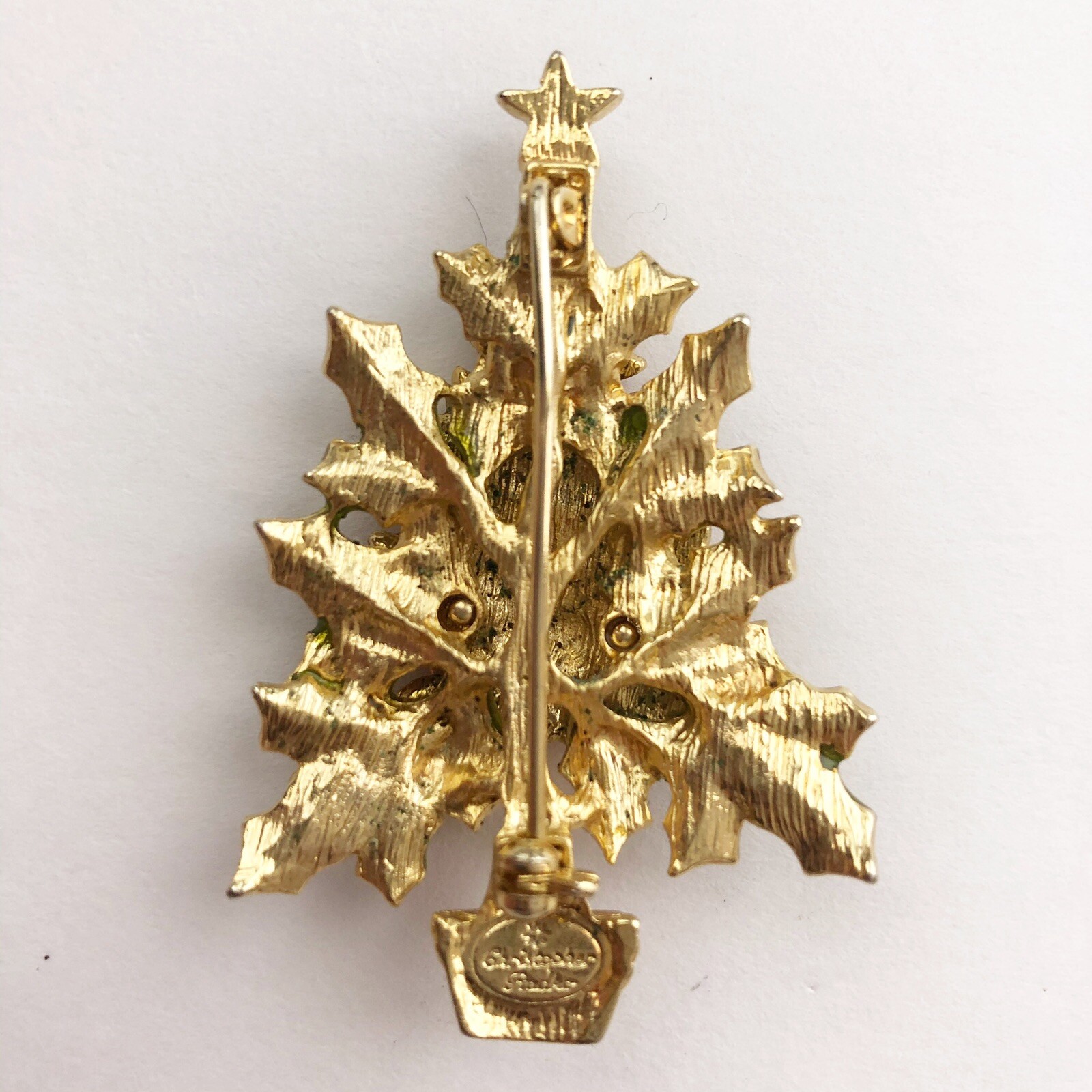 Christopher Radko Enamel Rhinestone Poinsettia Christmas Tree Brooch Pin Vintage