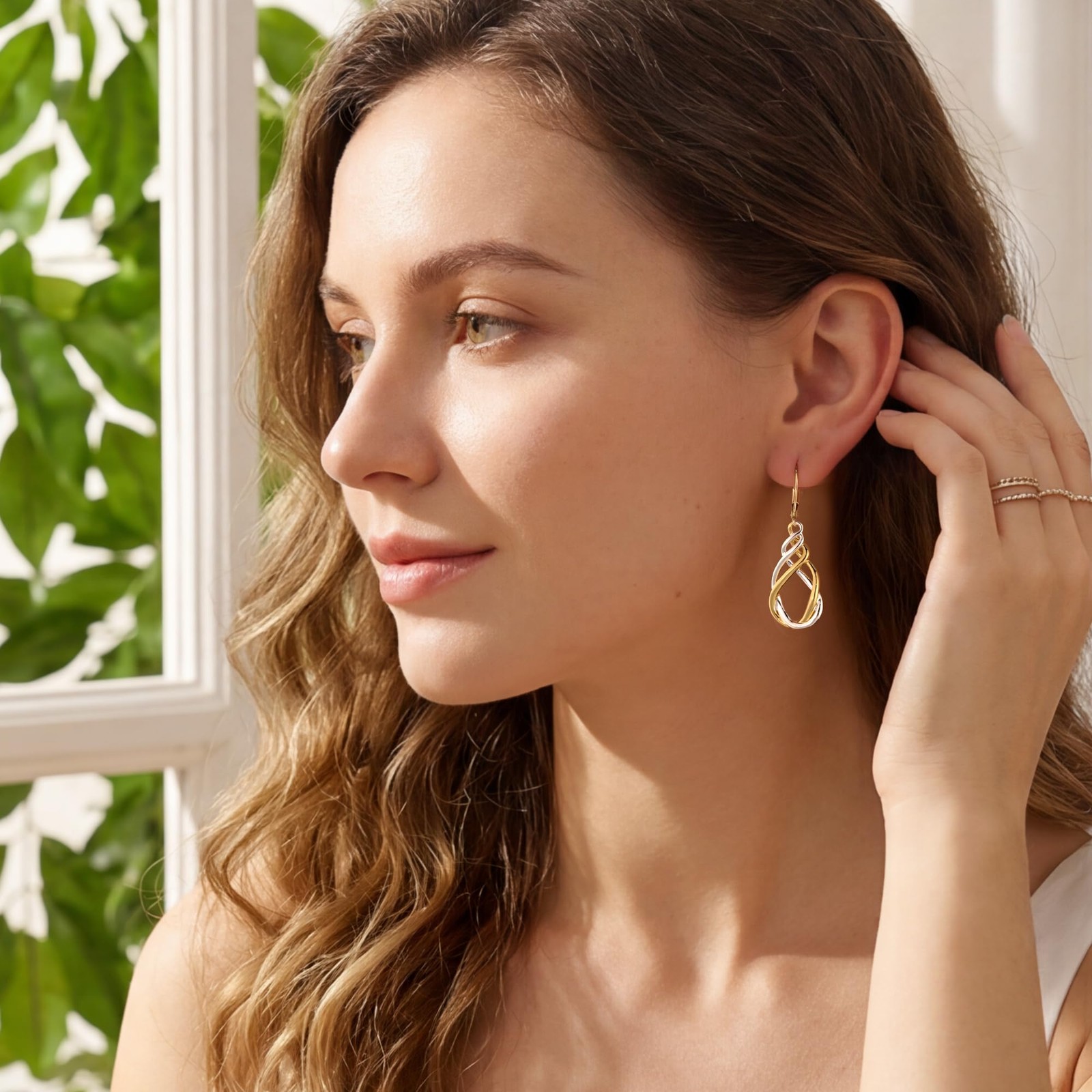 Two Tone Twisted Drop Earrings for Women, 14K Gold and Silver Plated Leverbac…