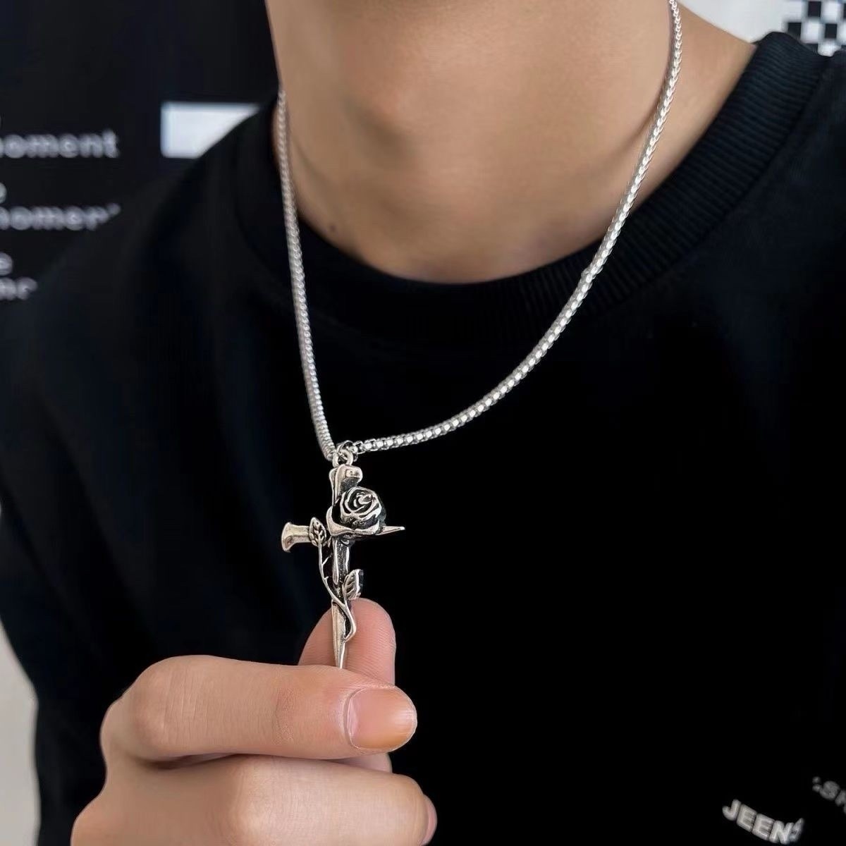 Fashion Vintage Double Sided Gothic Punk Rose Cross Stainless Steel Necklace
