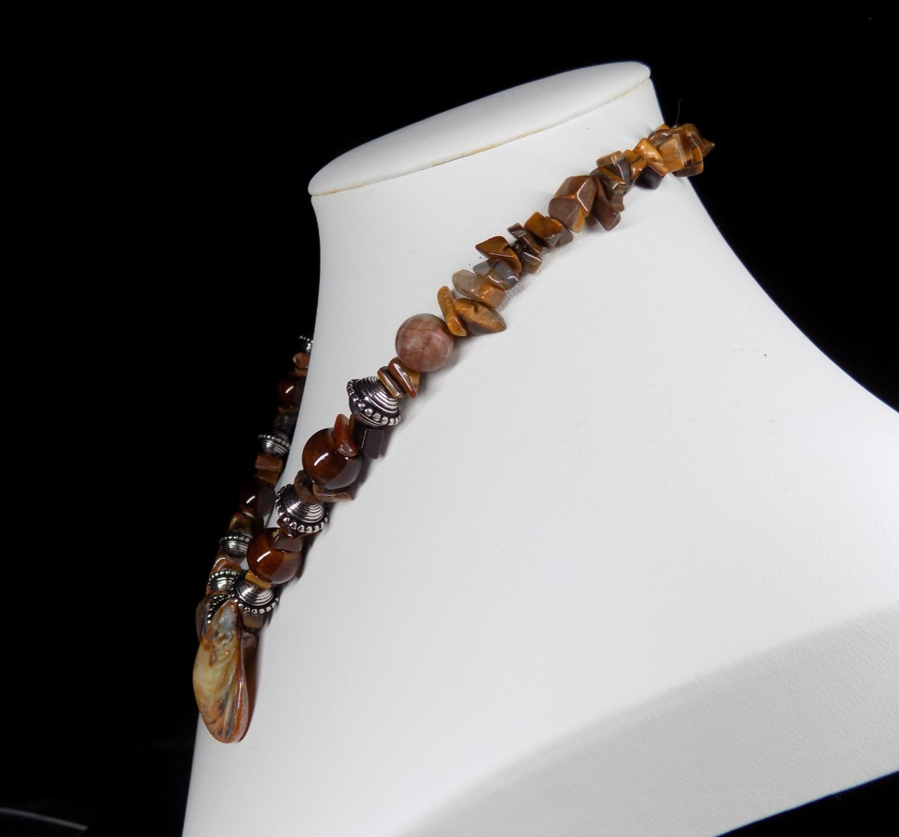 Tiger’s Eye Bib Necklace Brown Iridescent Shell Silver-Tone Lobster Clasp Beads