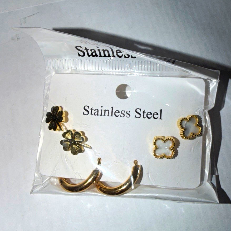 Stainless Steel Gold Flower Stud & Hoop Earrings Set, Post & Butterfly