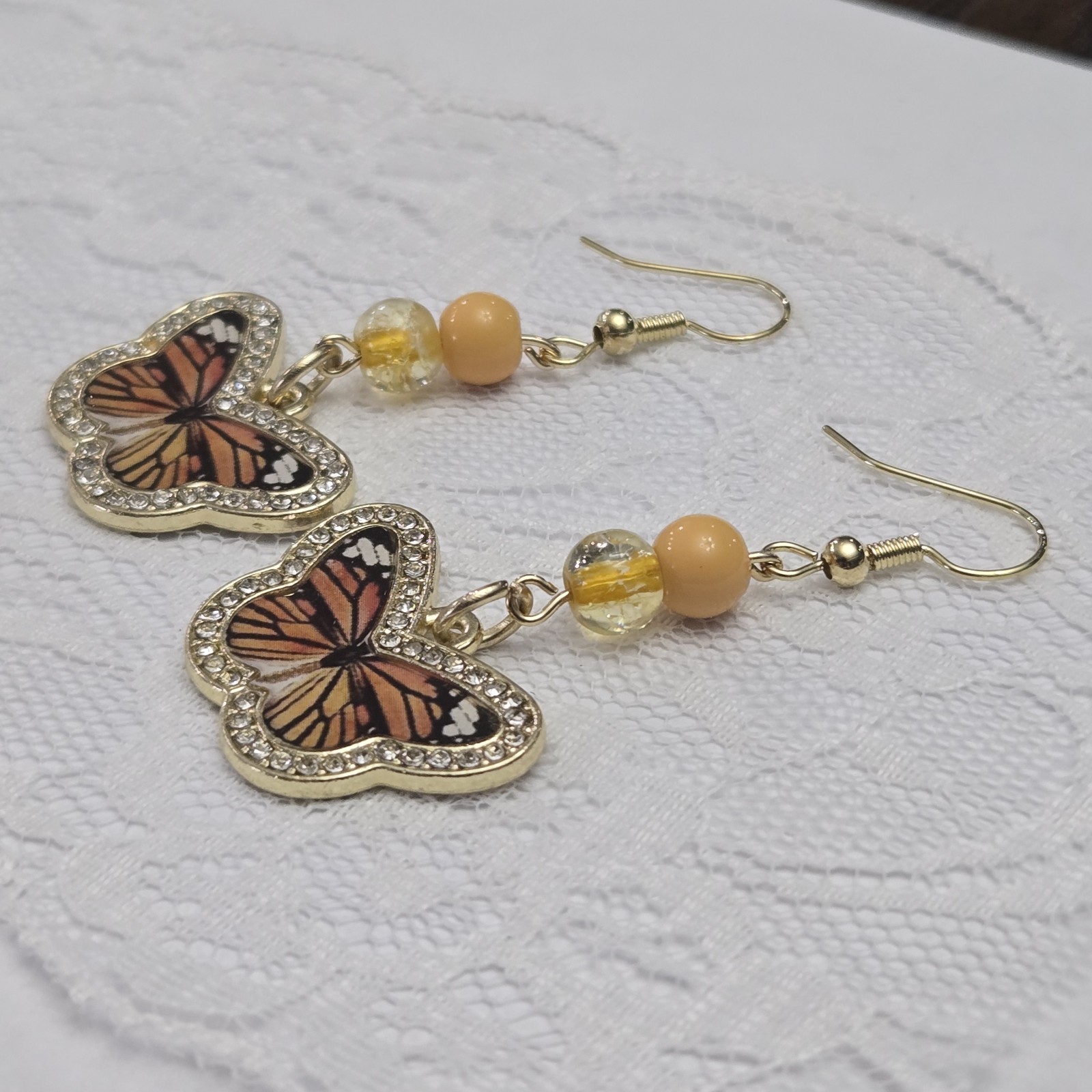 Earrings Butterfly Dangle Drop Beaded Gold Orange Yellow Animal Insect Nature