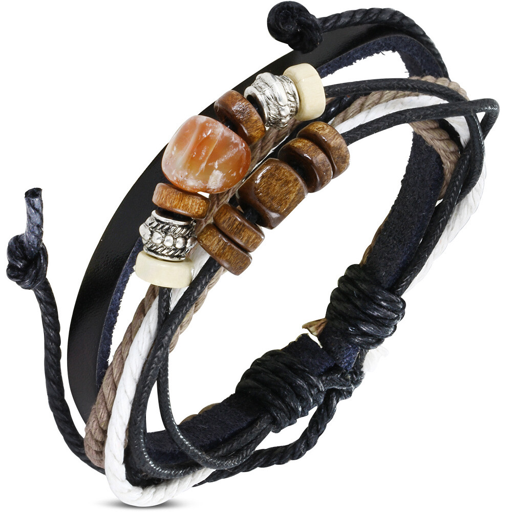 Multi-Wrap Leather Rope Beaded Wristband Adjustable Bracelet, 10″