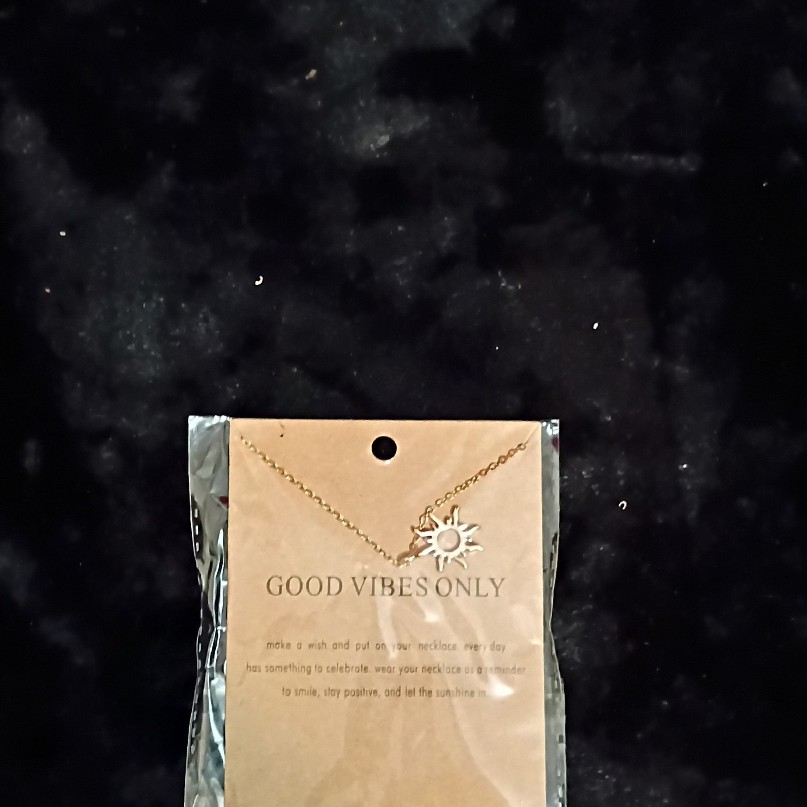 Sun Charm Pendant Necklace Gold Tone Metal Cable Chain “Good Vibes Only”
