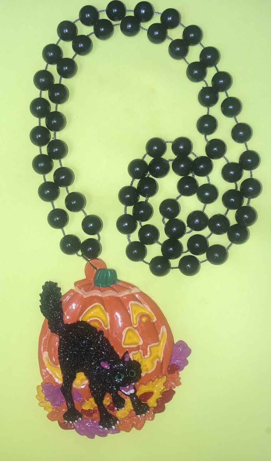 Halloween Necklace Black Cat Jack O Lantern by BBD 3” diameter 20” Drop