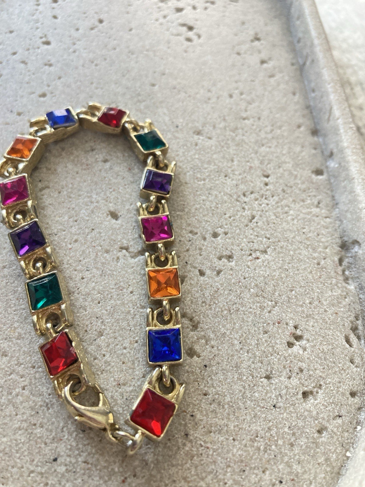 Multicolor Rhinestone Tennis Bracelet Gold Tone Square Link Bold Glam Couture