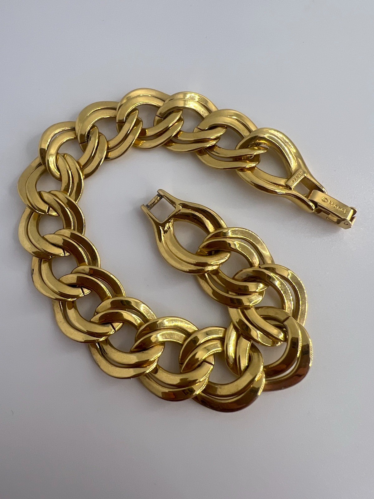 Vintage Estate Monet Signed Gold Tone Double Link Chain Bracelet Fold Over Clasp
