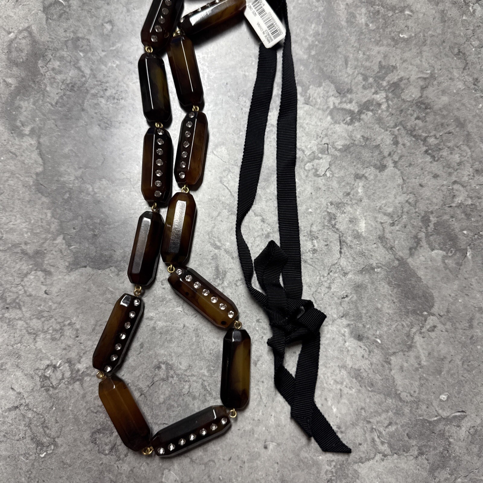 J Crew Bead Necklace Brown Colored Oblong Rhinestones Black Ribbon 36″ NEW gift