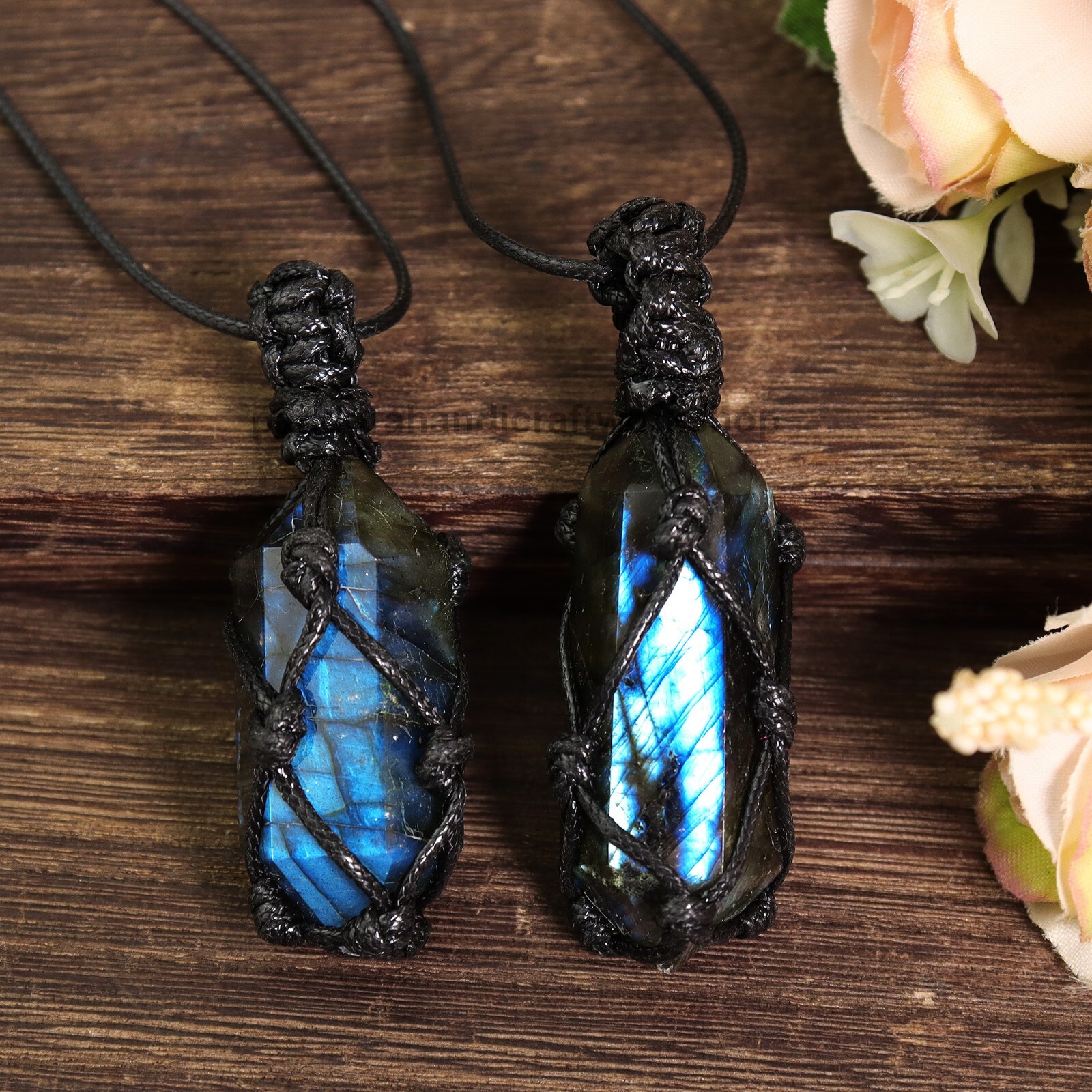 Natural Labradorite Hexagonal Point Pendant Healing Amulet Wrap Necklace Gifts