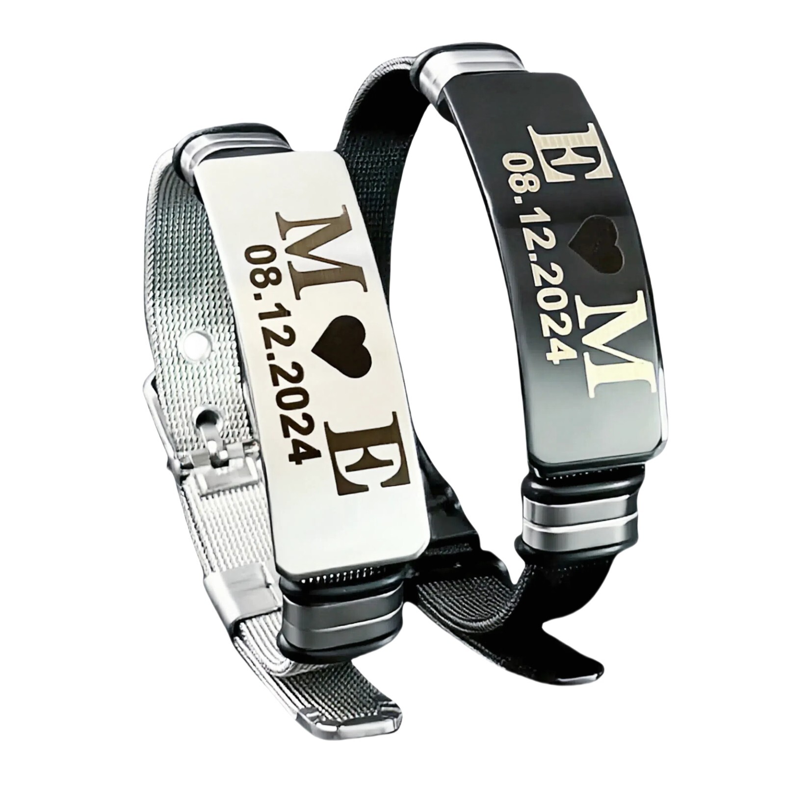 His and Hers Engraved Couple Bracelets – Custom Name Date Stainless Steel