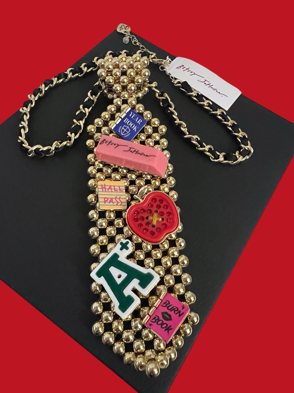 Betsey Johnson Necklace Gold Tone Chain Best In Class Detachable Brooch Tie NWT