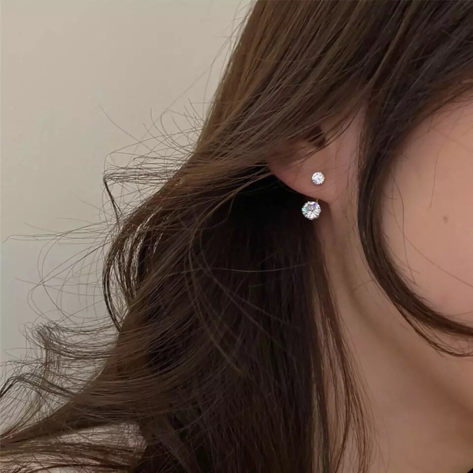 Double Solitaire Cubic Zirconia Round Stud Earrings Ear Jacket Silver Gold E58