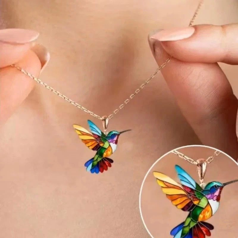 Colorful Hummingbird Pendant Necklace Rainbow Enamel Bird Charm Women Gift Chain