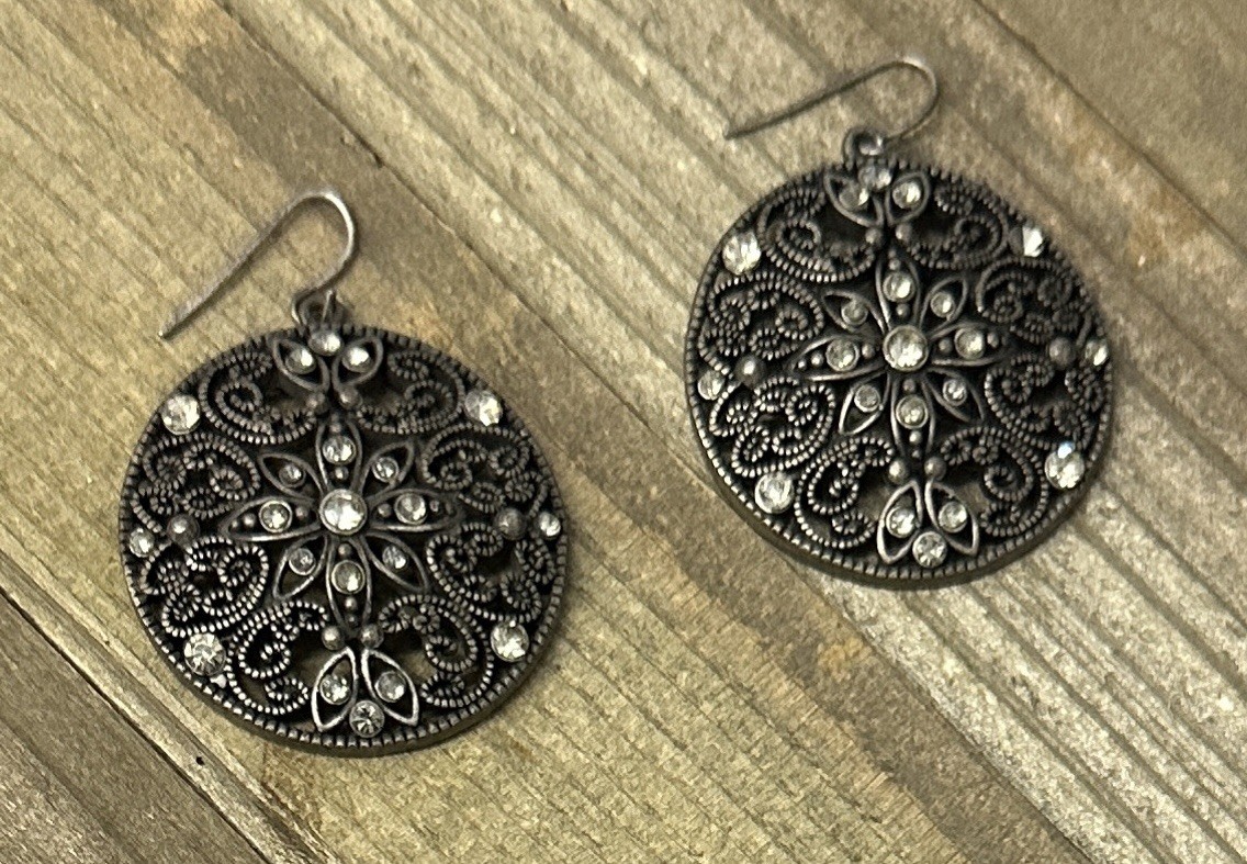 Round Filigree Gun Metal Grey Rhinestone Pierced Dangle Earrings 1 3/4”