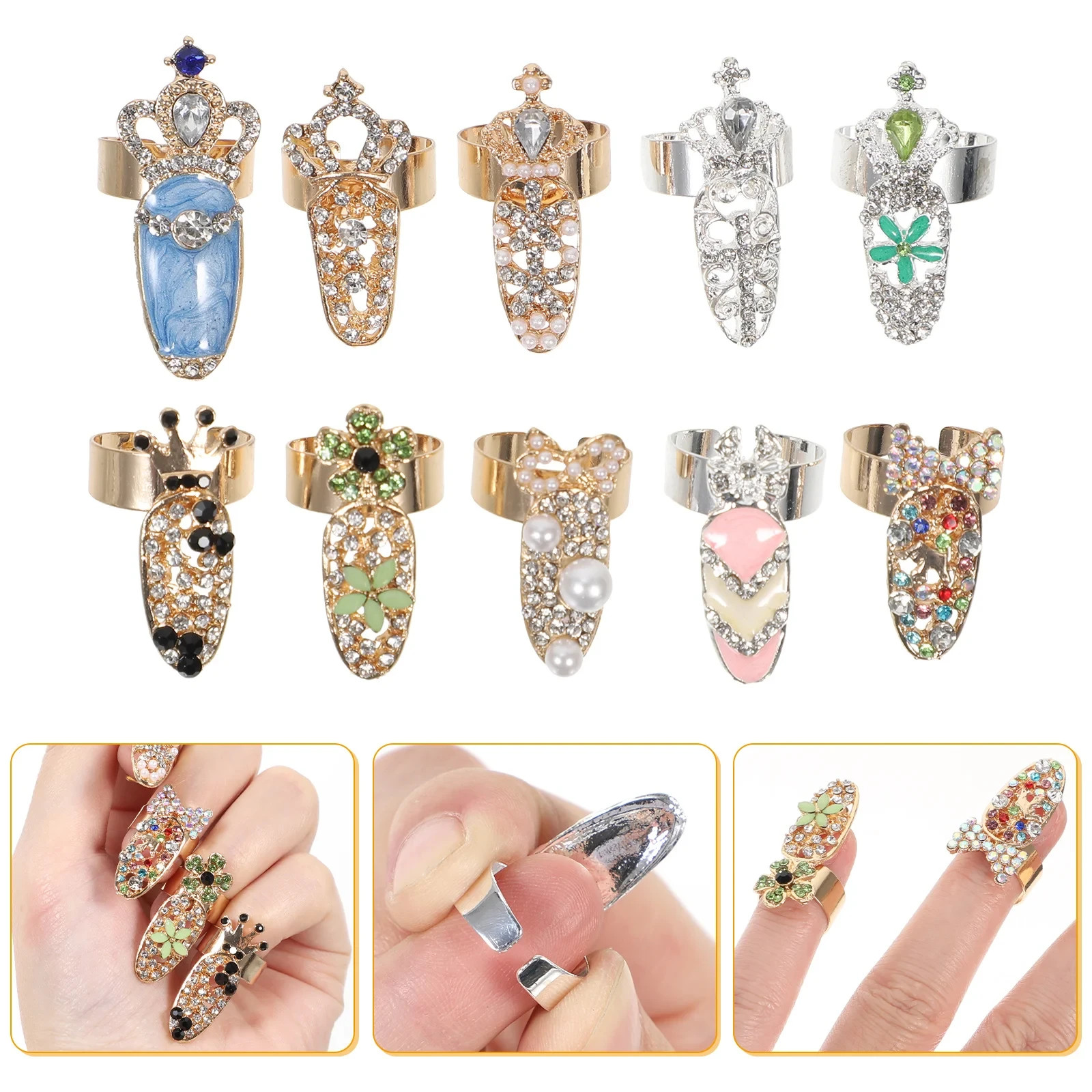 10Pcs Rhinestone Nail Rings Finger Tip Rings Women Punk Party Costume Jewelry
