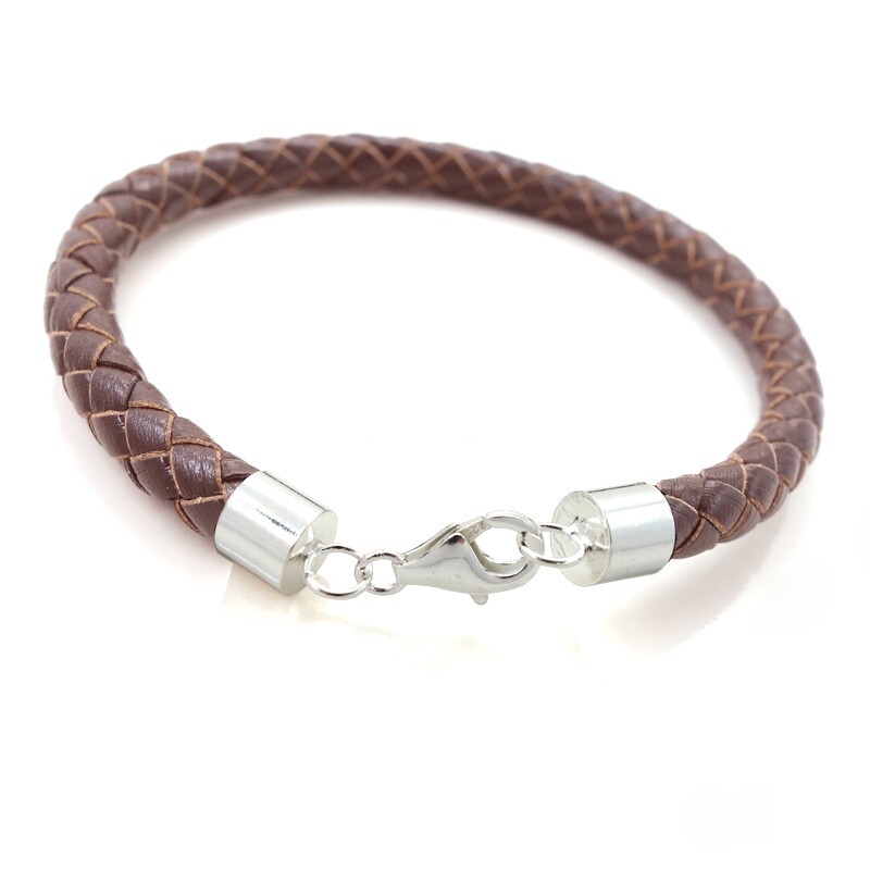 8.5″ Sterling Silver 6mm Round Braided Brown Genuine Leather Cord Bangle Lobster