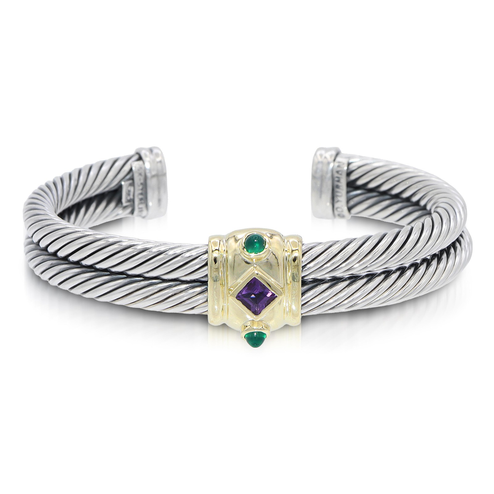 David Yurman Sterling Silver 14K Gold Amethyst Green Onyx Cable Cuff Bracelet
