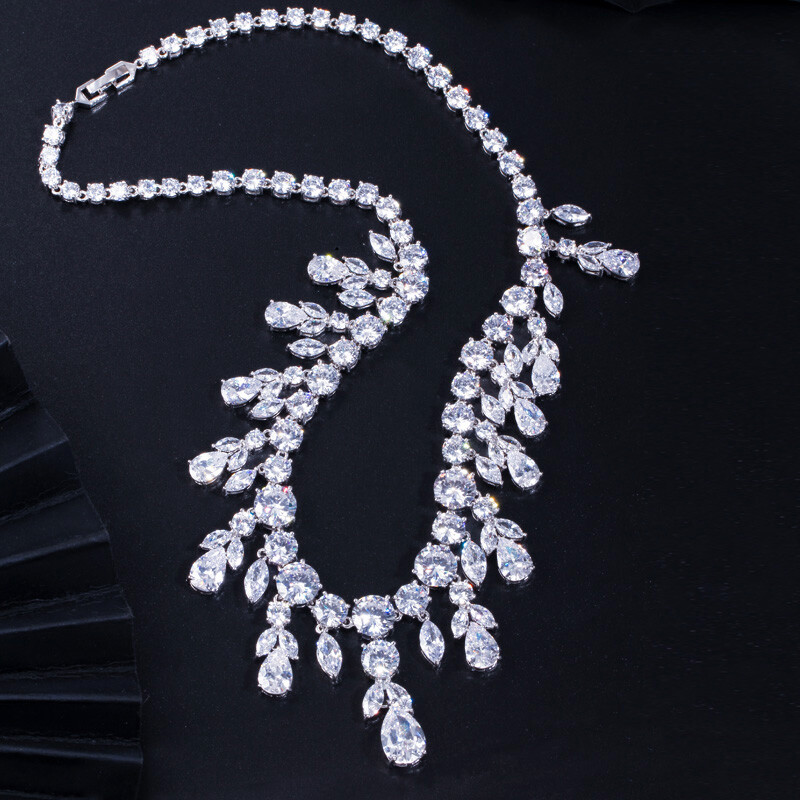 CWWZircons CZ Big Dangle Drop Bridal Wedding White Necklace Earrings Jewelry Set