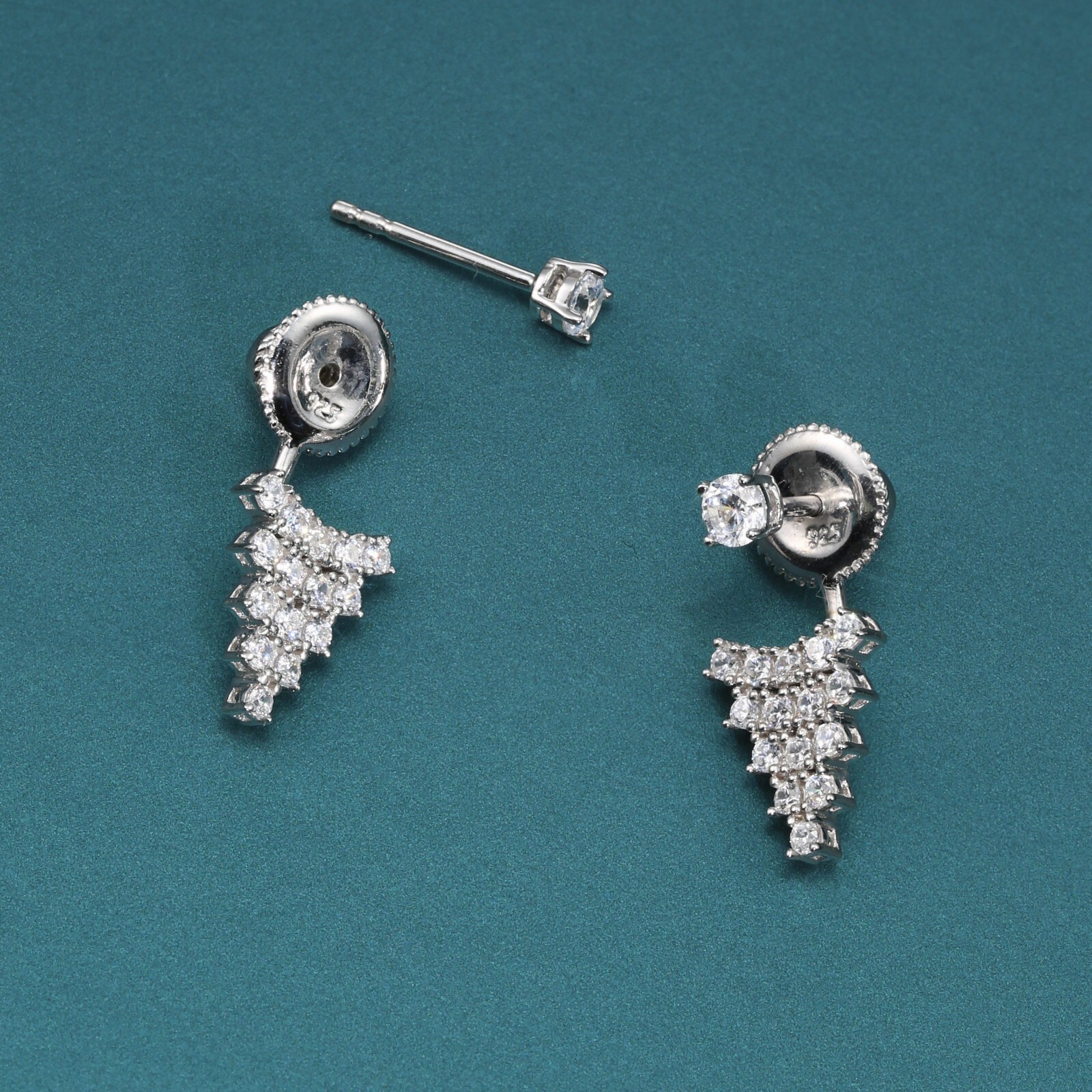925 Sterling Silver Triangle CZ Ear Jacket Earrings Front-Back 2 in 1 Studs