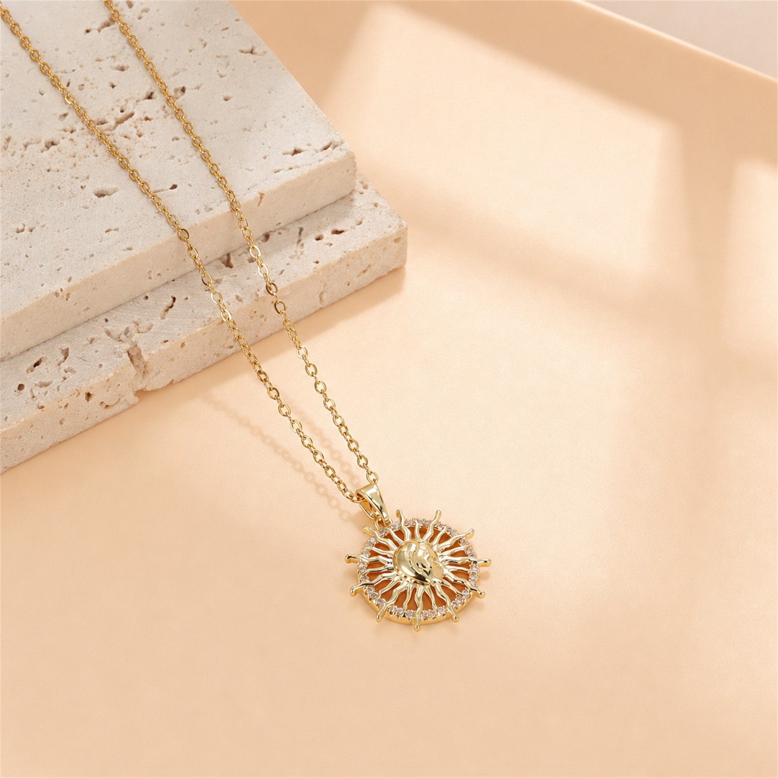 Women’s Vintage Sun God Heart Shape CZ Pendant Necklace Greek Mythology Jewelry