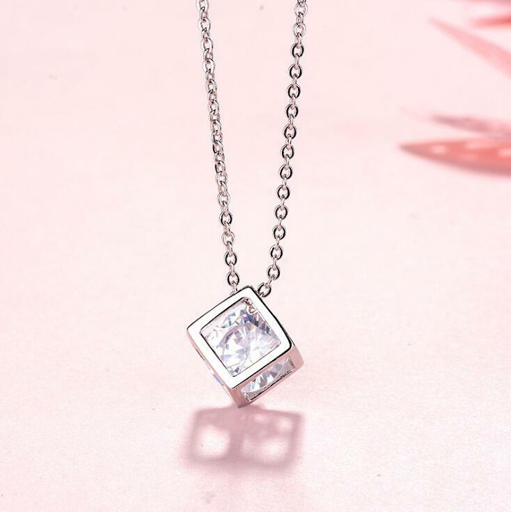 Silver Cube Pave Violet Purple/Clear Cubic Zirconia White Gold Pendant Necklace