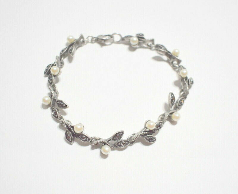 Bracelet Link Metal Pearl Black Faceted Stones Leaves Lobster Hook