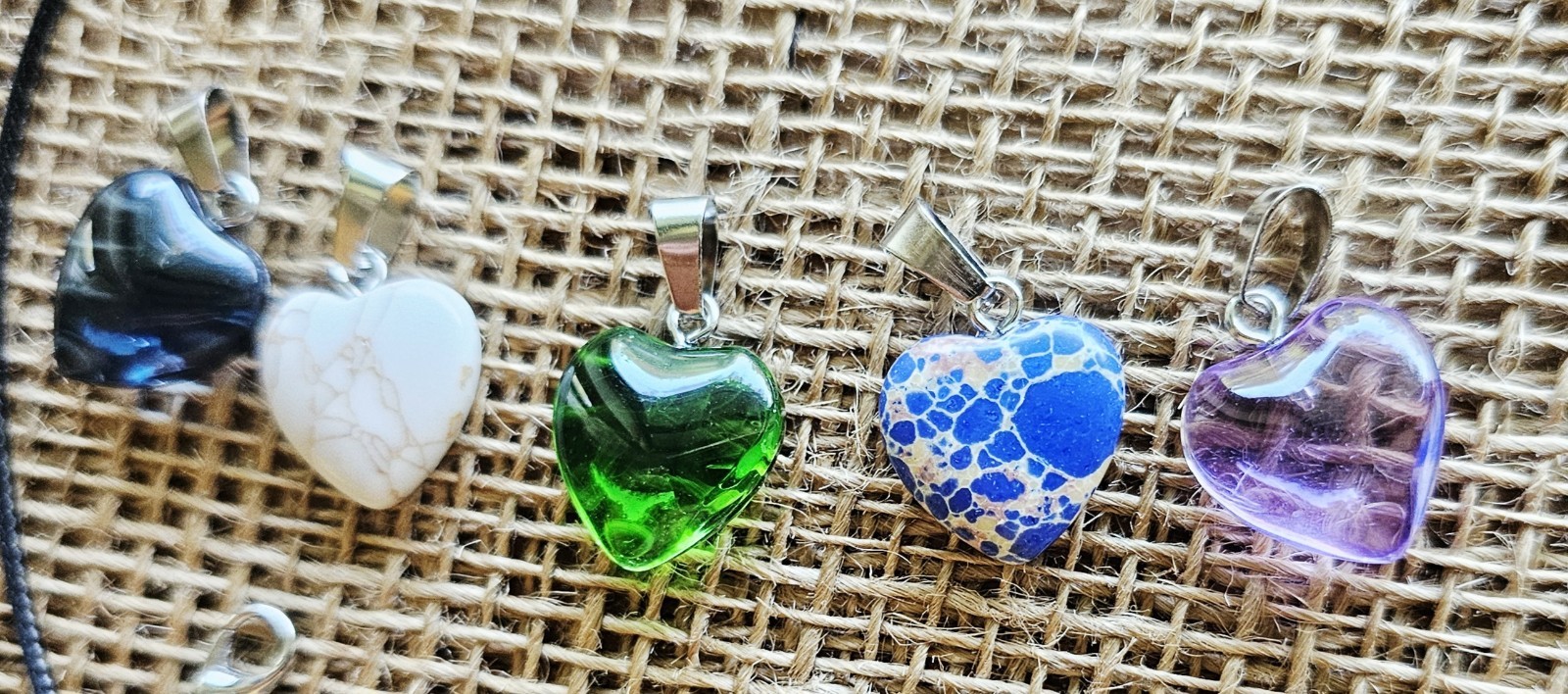 6pc Set 5 Heart 1″ Pendants Green Lavender, Blue, Marbled 18″ Necklace
