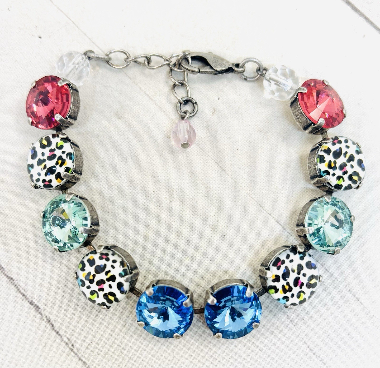 Antique Silver Plated Rainbow Leopard Cup Chain Statement Bracelet