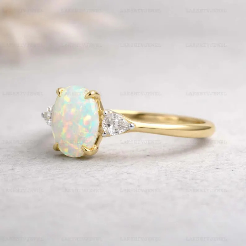 Opal Ring, Gold Alloy Metal, Anniversary Birthday Gift For Her, Women’s Rings