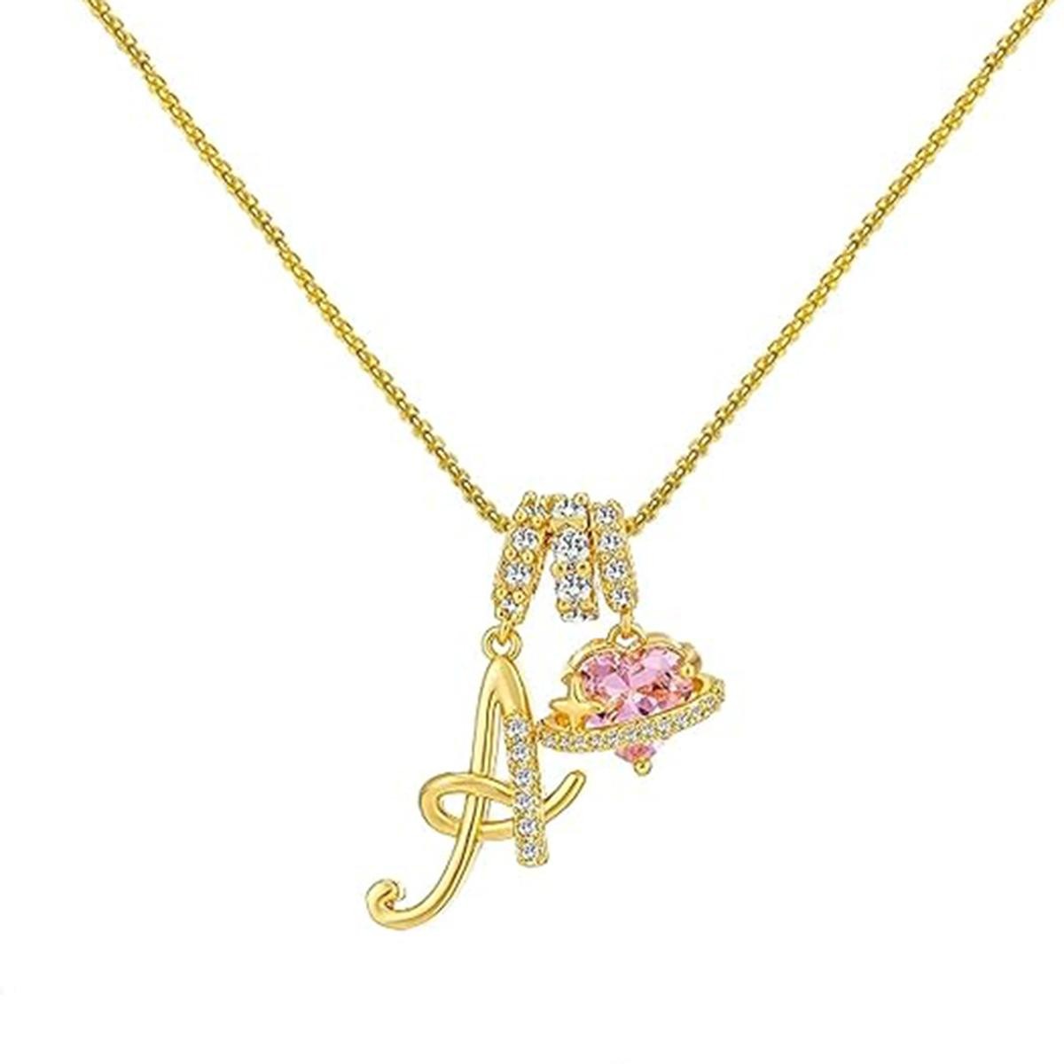 14K Gold Plated Initial Necklace, Pink Heart Pendant Jewelry Gift for Women