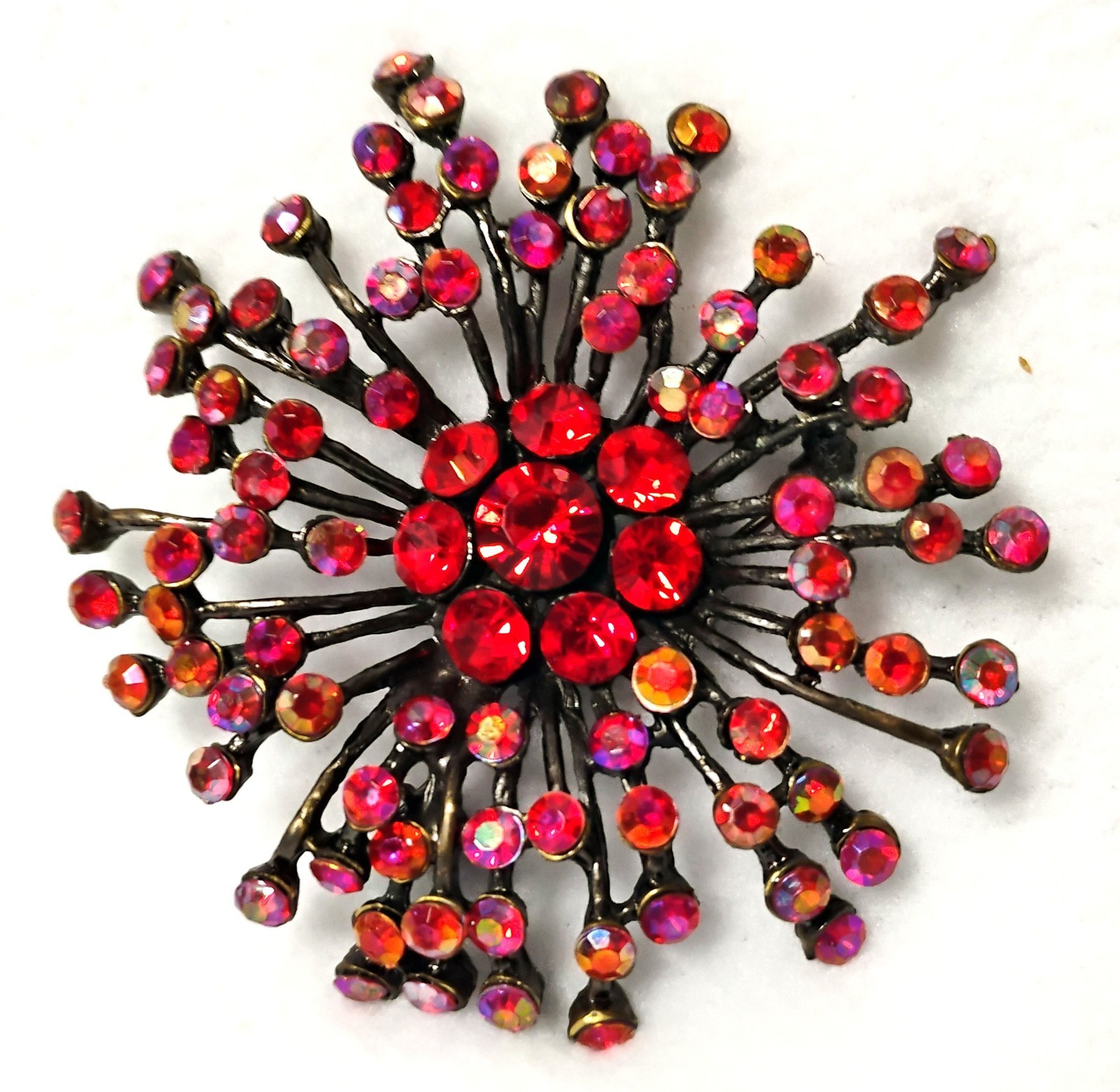 Red Aurora Borealis Rhinestone Starburst Brooch Pin Statement Retro