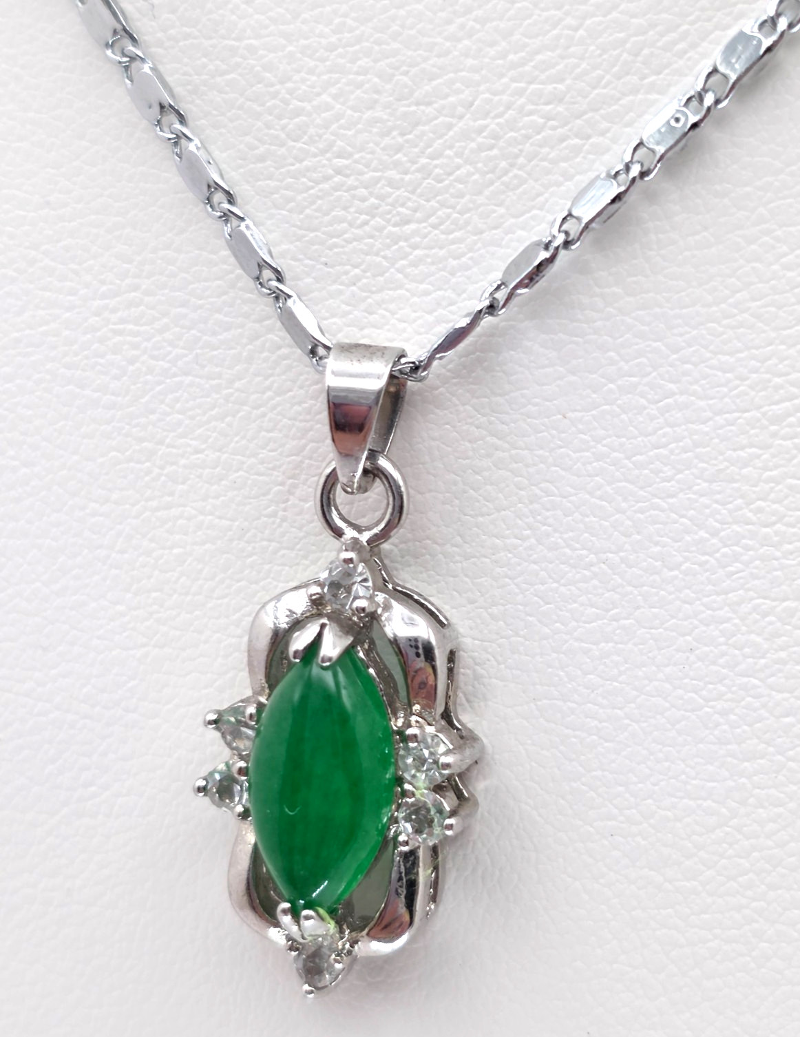 Green Chalcedony Marquise Pendant Necklace CZ Accent 18KGP Silver Tone